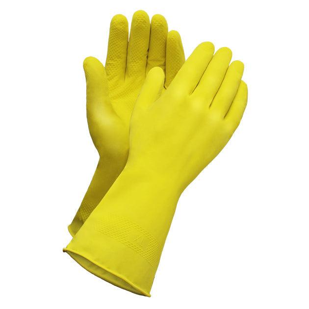 RONCO Household Gloves (model 15-322), yellow flocklined latex pair on pure white bg. Source: nixxiestore.ca Shopify CDN