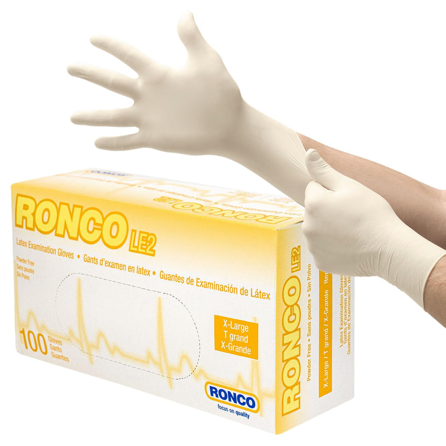 Amazon.ca listing image for RONCO LE2 Tan Latex Examination Gloves (Powder-Free, 100/box, XL). Stripped _AC_SL1500_ resi