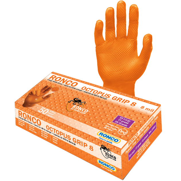 Manufacturer (roncosafety.com) image: RONCO Octopus Grip 8 orange nitrile diamond-textured glove + branded retail box on