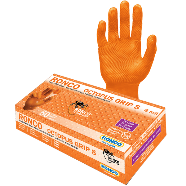 Manufacturer (roncosafety.com) image: RONCO Octopus Grip 8 orange nitrile diamond-textured glove + branded retail box on