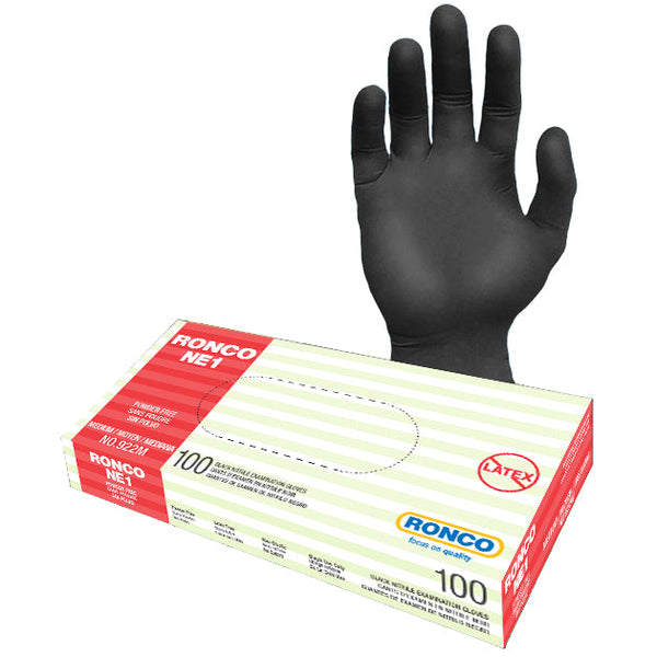 Black RONCO NE1 nitrile glove + branded NE1 100-count box on white bg. Matches ERE PDP (black variant, mfr code 922). So