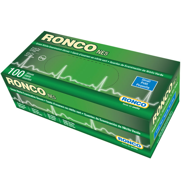 Manufacturer (roncosafety.com) original of the RONCO NE5 retail box: green '100 count Nitrile Examination Gloves' packag