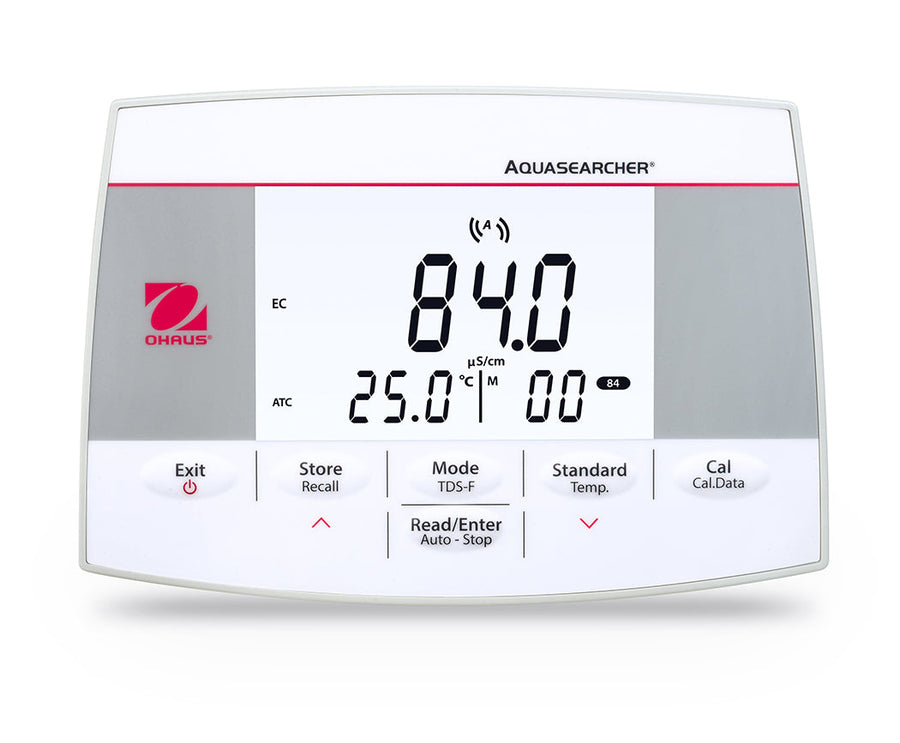 Ohaus AQUASEARCHER AB23EC conductivity bench meter, top-down product shot on clean white bg. Visually confirmed via Read