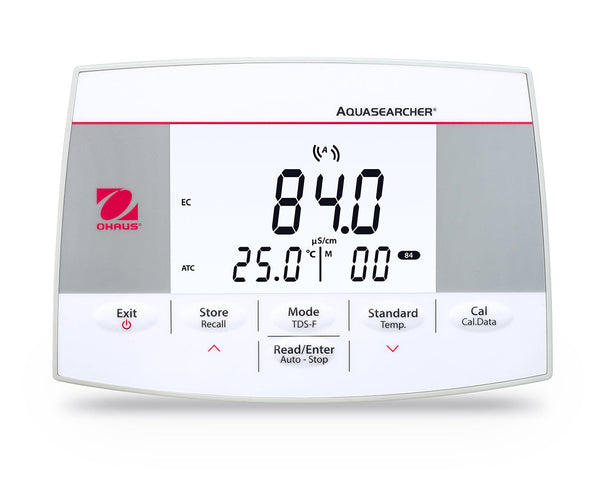 Ohaus AQUASEARCHER AB23EC conductivity bench meter, top-down product shot on clean white bg. Visually confirmed via Read