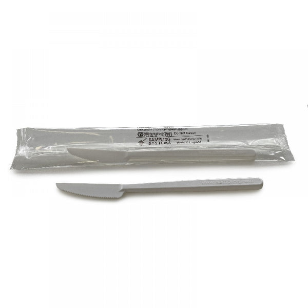 Manufacturer Sampling Systems (sampling.com, OpenCart). Two white plastic SteriWare knives on white bg (one sterile-bagg