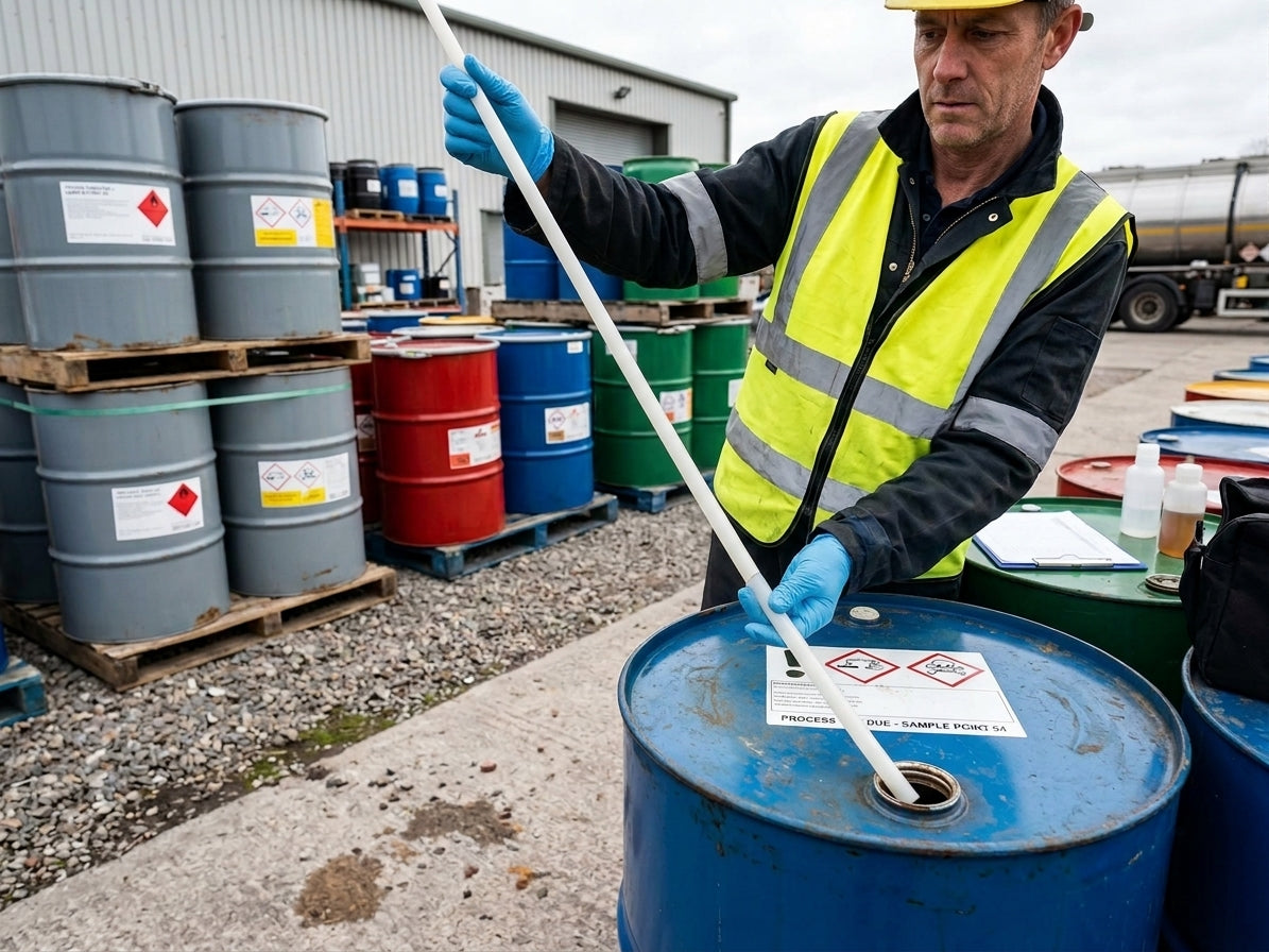 Environmental technician lowering a sampling tube into a steel drum at an industrial waste yard