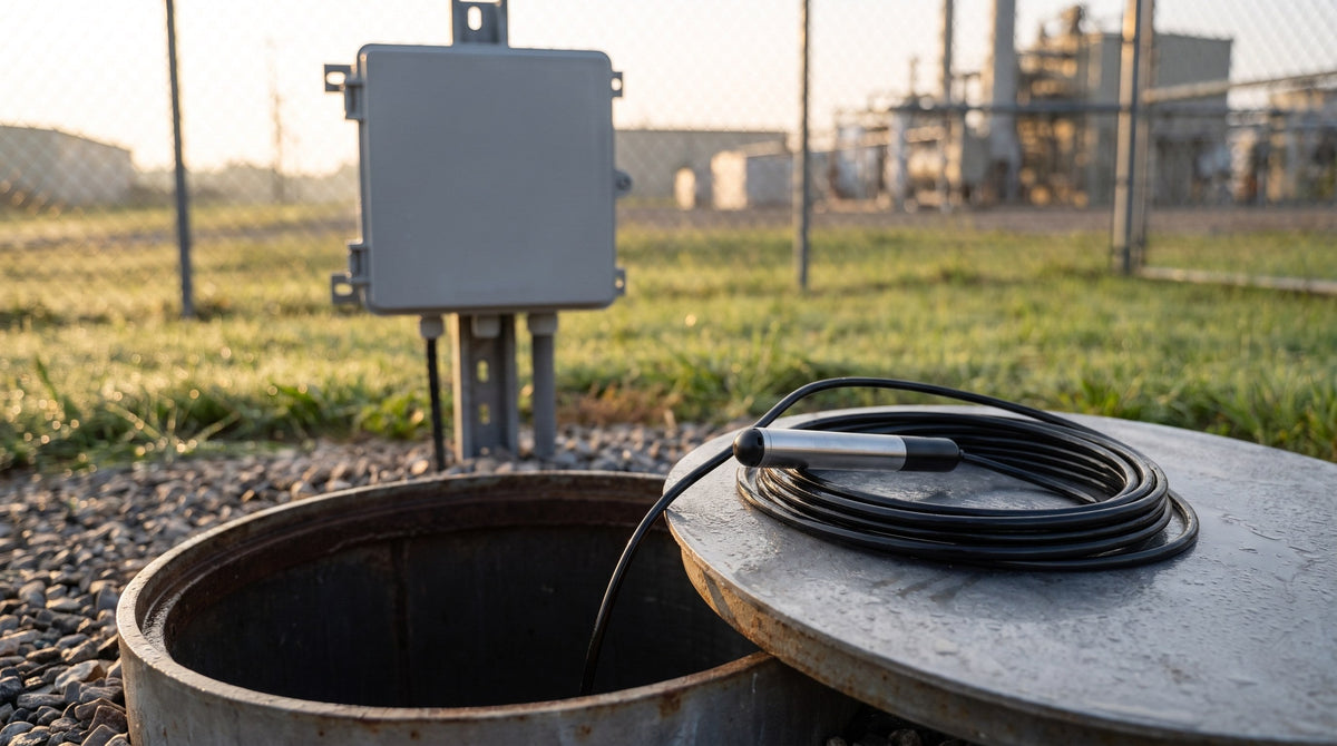 4-20mA pressure transmitter and coiled cable resting on an open monitoring well lid