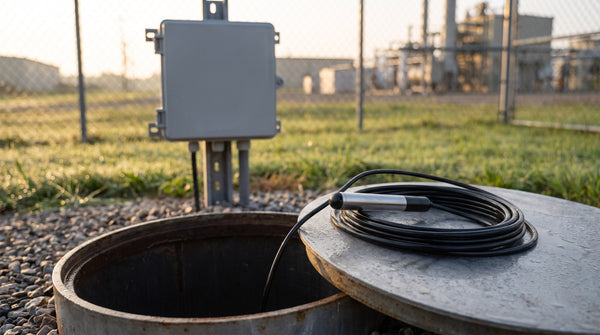 4-20mA pressure transmitter and coiled cable resting on an open monitoring well lid