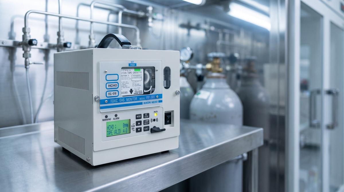 RKI FP-301 paper-tape arsine monitor on a stainless shelf beside gas cylinders