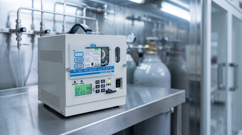 Moniteur à ruban RKI FP-301 pour l'arsine sur une tablette en acier inoxydable près de bouteilles de gaz