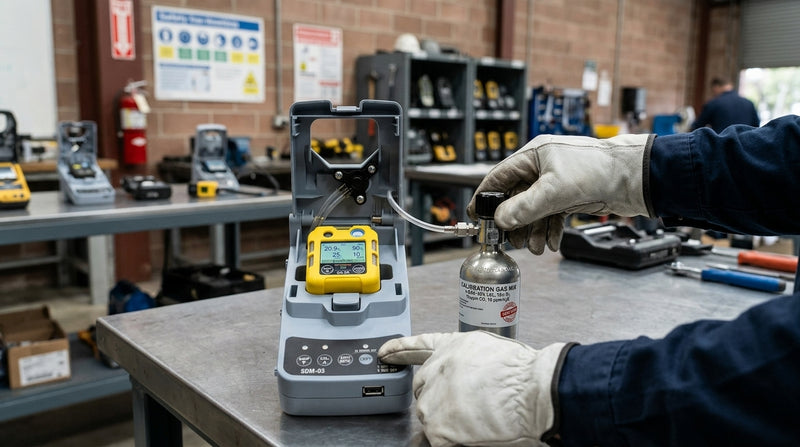 Safety technician bump testing a portable gas detector with a calibration gas cylinder