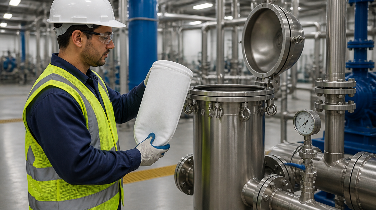 Worker inspecting stainless steel bag filter housing in water treatment plant