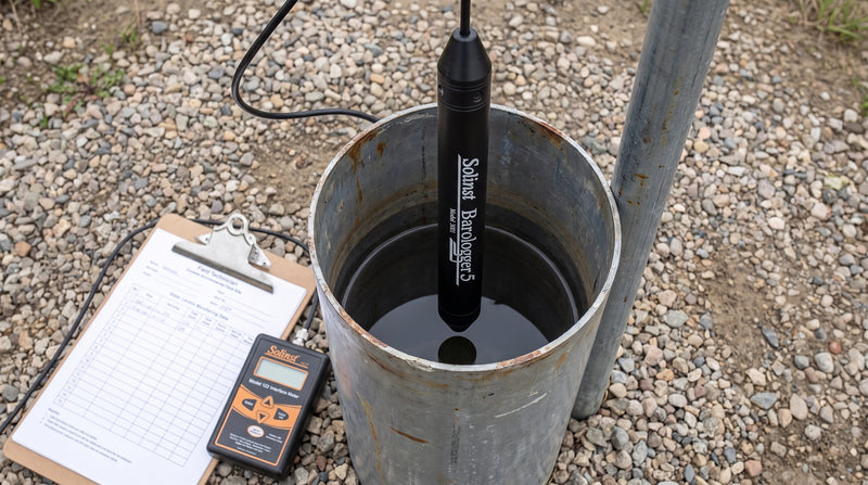 Solinst Barologger 5 deployed above the water line in a groundwater monitoring well casing