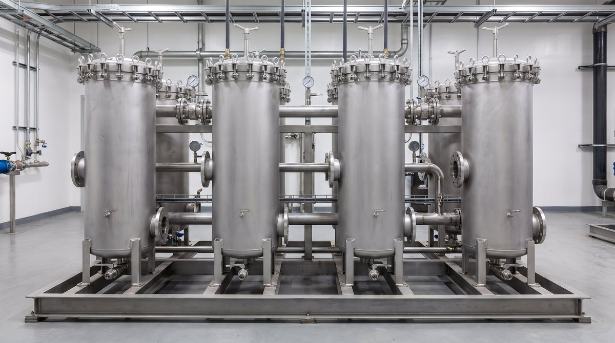 Banc de boîtiers de filtration multi-cartouches en acier inoxydable installés dans une installation industrielle de filtration liquide