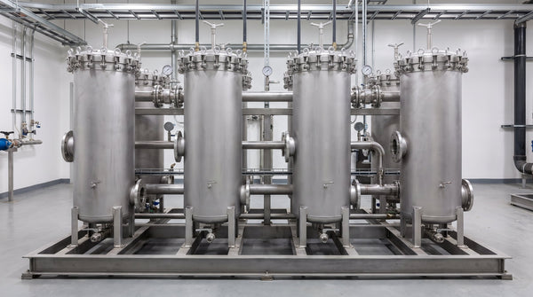 Bank of stainless steel multi-cartridge filter housings installed in an industrial liquid filtration skid