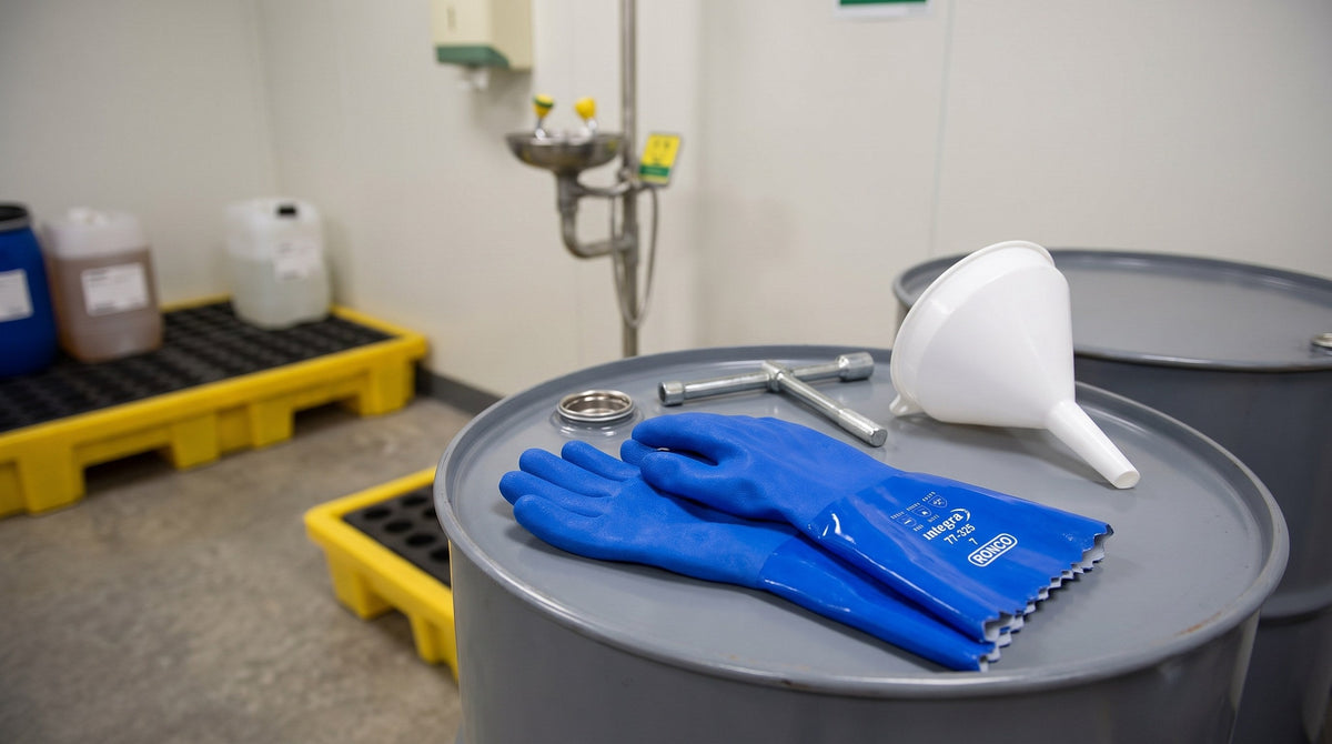 Paire de gants Ronco Integra bleus en PVC sur un couvercle de baril dans une salle d'entreposage de produits chimiques