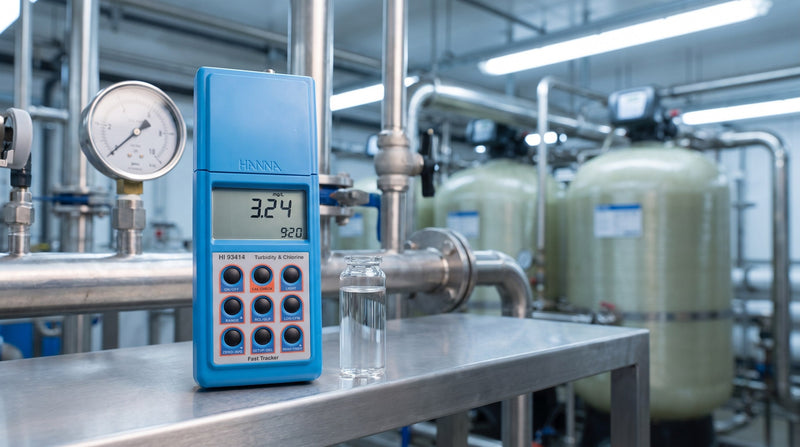 Hanna HI 93414 turbidity and chlorine meter on a stainless-steel shelf in a water treatment plant beside a sample vial