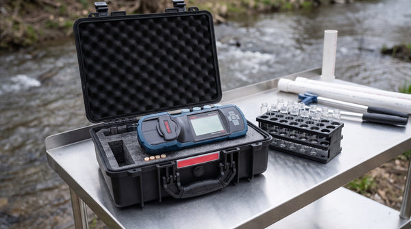 OHAUS Aquasearcher AP50 portable colorimeter in its case beside a vial rack at a creek-side sampling station
