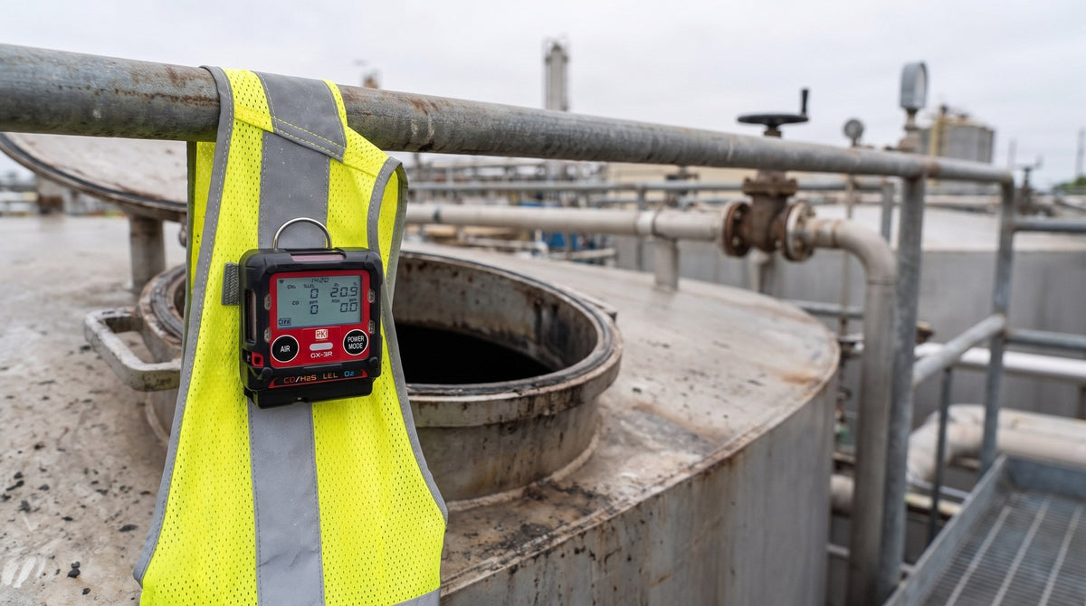 RKI GX-3R gas monitor clipped to a hi-vis vest beside an open industrial tank manway