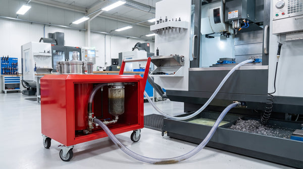 Système portatif de recyclage du liquide de refroidissement raccordé à un centre d'usinage CNC dans un atelier industriel