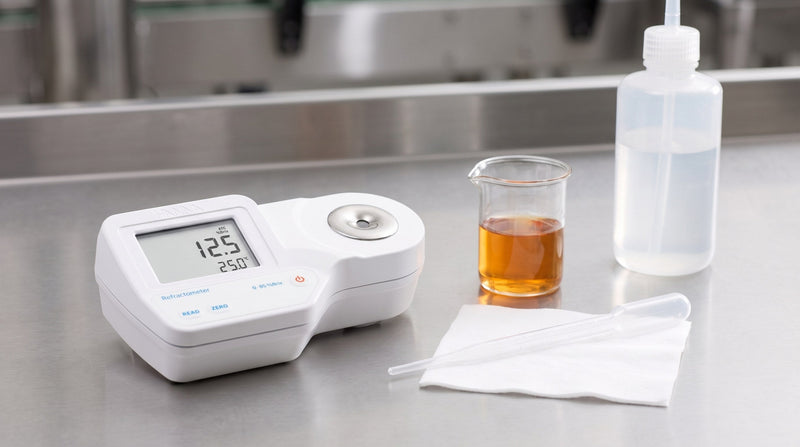 Hanna digital refractometer on a stainless lab bench beside a beaker of amber liquid