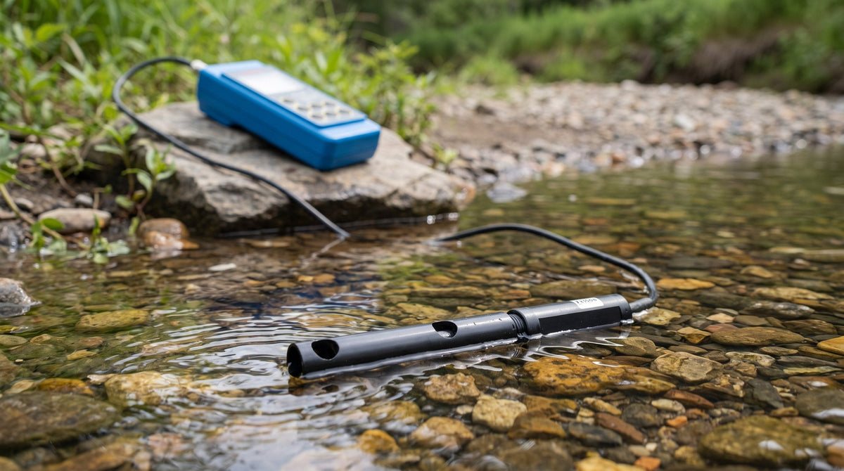 Portable dissolved oxygen meter and probe beside a shallow stream