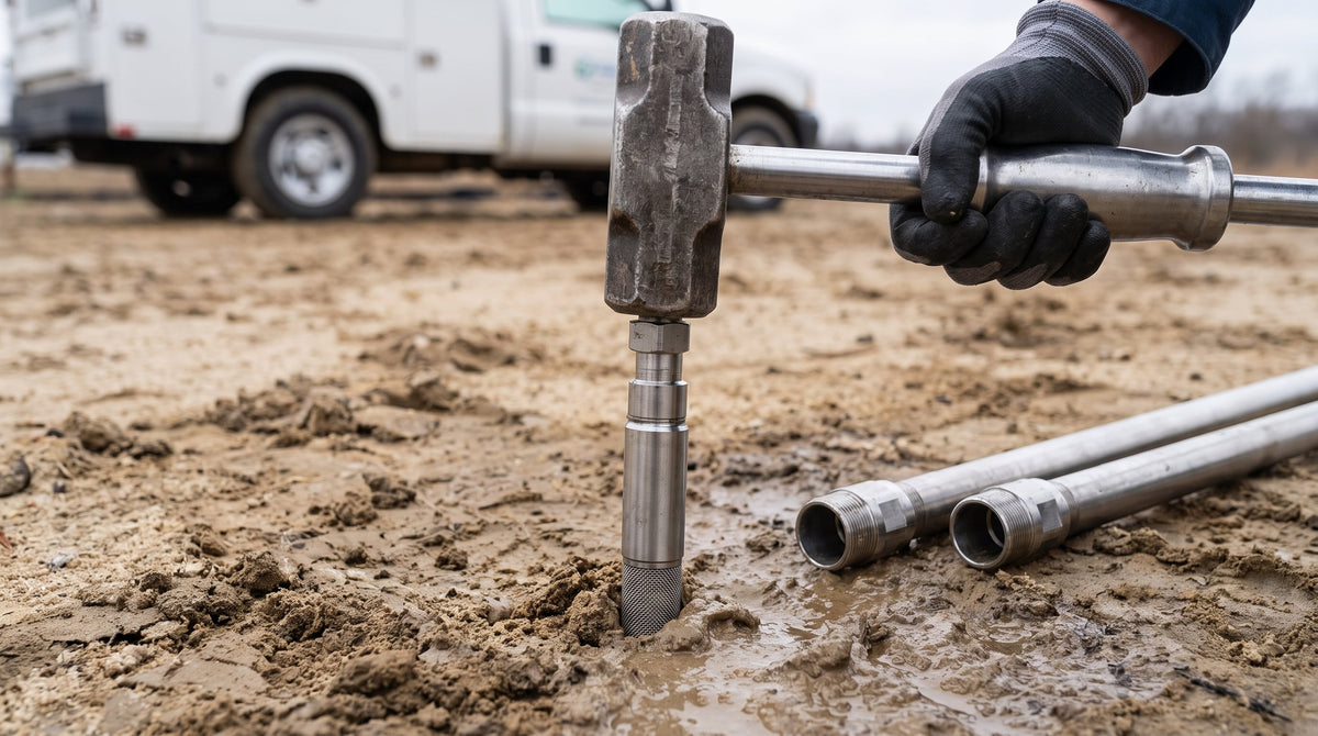 Gloved hand driving a Solinst drive-point piezometer into the ground with a slide hammer