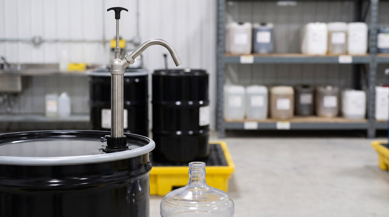 Pompe à fût à tirage en acier inoxydable dans un fût noir de 55 gallons sur une palette de rétention