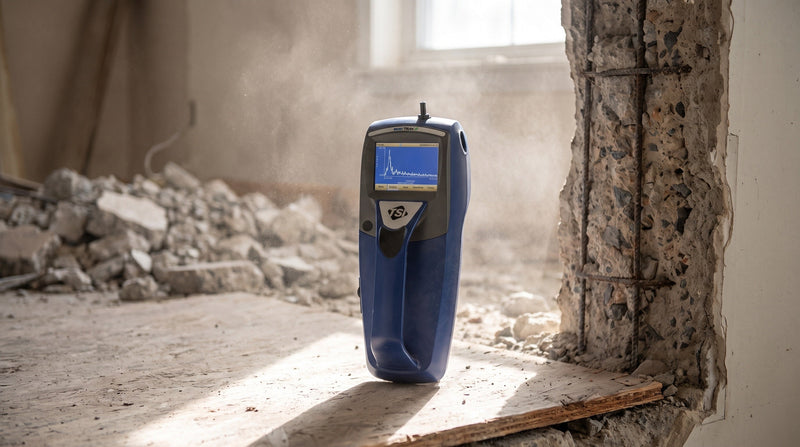 Moniteur d'aérosols TSI DustTrak II posé sur du contreplaqué sur un chantier poussiéreux