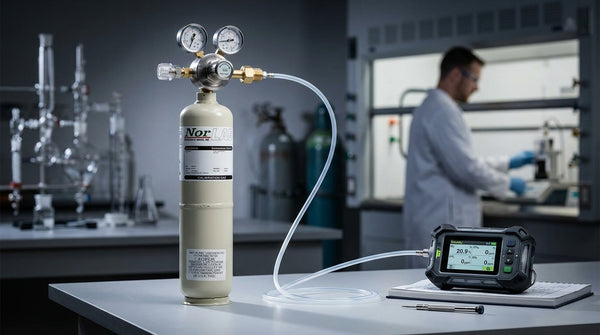 Calibration gas cylinder with demand-flow regulator connected to a portable gas detector