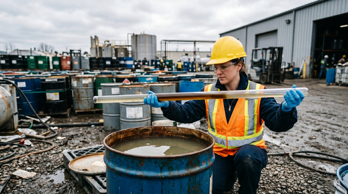 Technician holding a glass coliwasa sampler showing a separated liquid column beside an open drum