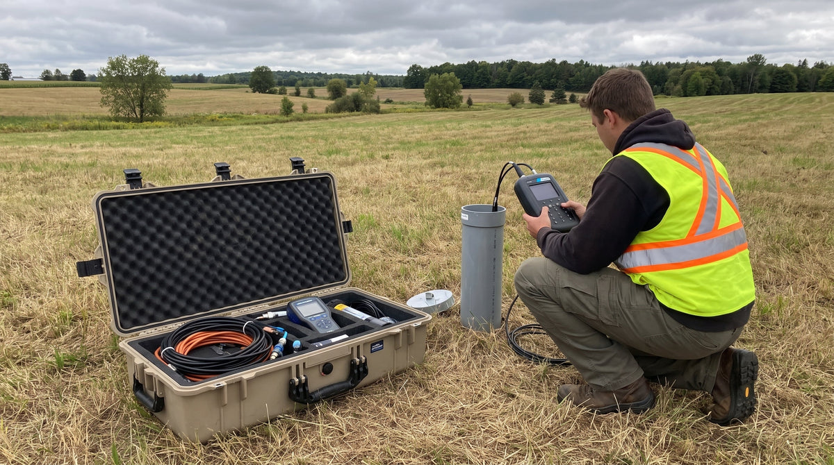 Technicien de terrain abaissant une sonde de qualité de l'eau dans un puits de surveillance des eaux souterraines, à côté d'une valise de location d'instruments ouverte