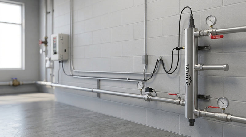 Luminor RAINIER UV disinfection system plumbed inline in a commercial mechanical room