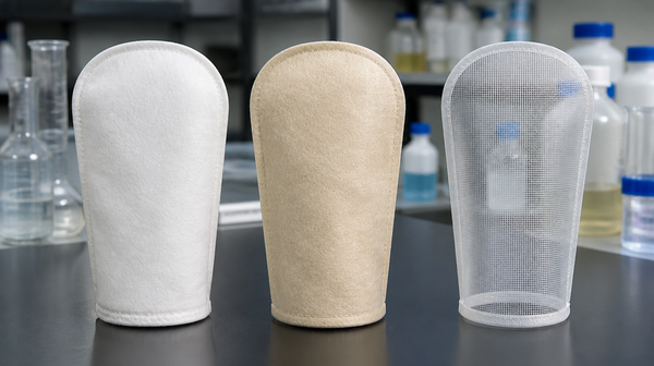 Polypropylene polyester and nylon monofilament filter bags compared on lab bench