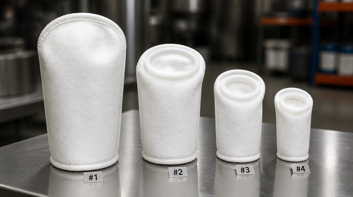 Four industrial filter bag sizes #1 through #4 arranged on stainless steel table