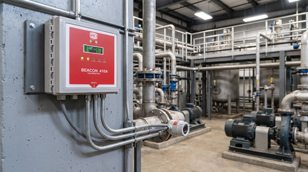 RKI Beacon fixed gas detection controller wall-mounted in an industrial plant