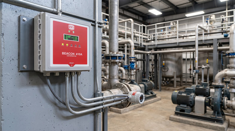 RKI Beacon fixed gas detection controller wall-mounted in an industrial plant