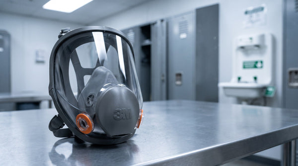 3M full facepiece respirator on a stainless steel bench in a PPE staging room