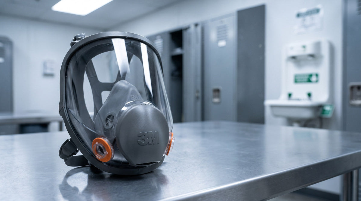 Respirateur 3M à pièce faciale complète sur un établi en acier inoxydable dans une salle d'équipement de protection