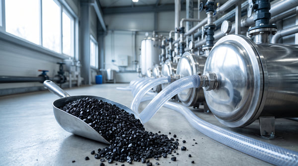 Granular activated carbon granules beside stainless-steel industrial water-treatment filtration vessels