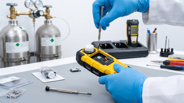 Technician replacing a sensor cartridge on a portable multi-gas detector during a maintenance check