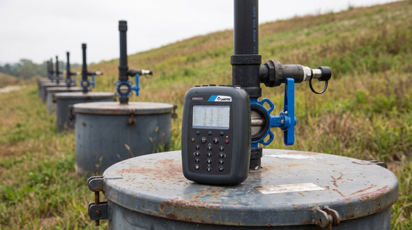 Analyseur de gaz d'enfouissement GEM5000 posé sur le couvercle d'une tête de puits, près d'une colonne montante et d'une vanne de réglage