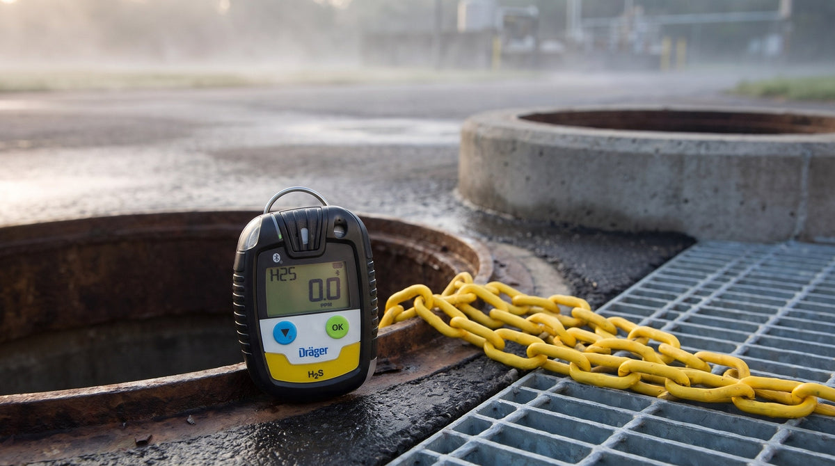 Détecteur personnel de H2S Dräger Pac 6500 sur le rebord d'une trappe de poste de pompage d'eaux usées