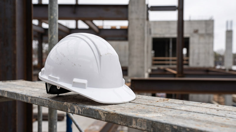 White hard hat resting on a scaffold plank at a construction site