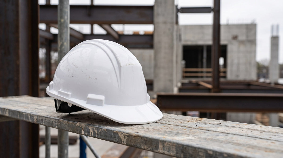 Casque de chantier blanc posé sur une planche d'échafaudage sur un chantier