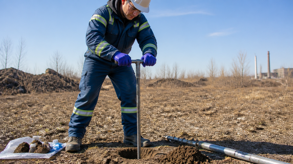 Field geologist using soil auger for Phase II environmental site assessment in Canada