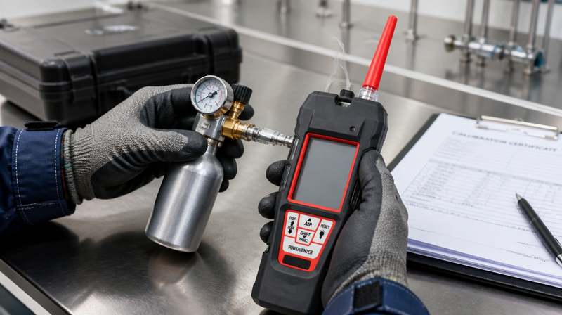 Technician connecting calibration gas cylinder to portable gas detector in calibration laboratory