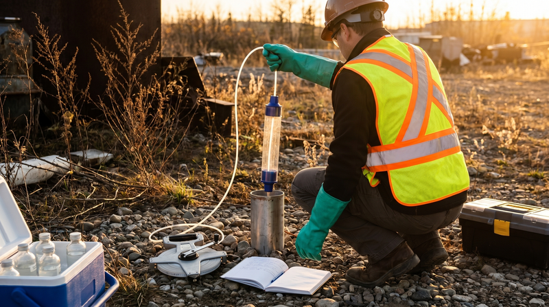 Environmental consultant lowering a clear PVC groundwater bailer into a monitoring well on a contaminated site