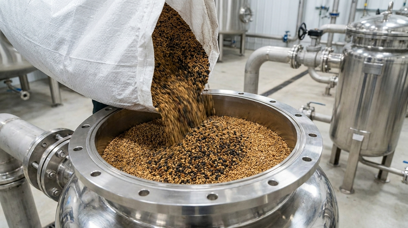 Granular filtration media being loaded into a stainless steel pressure filter vessel at an industrial water treatment facility — ERE Inc. Canada