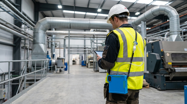 Industrial hygienist wearing a personal air sampling pump clipped to their lapel on a manufacturing facility floor